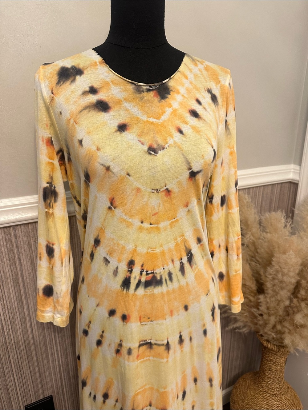 Raquel Allegra Size 2 Tie Dye Maxi Dress Yellow Black Long Sleeve Cotton - Picture 2 of 11
